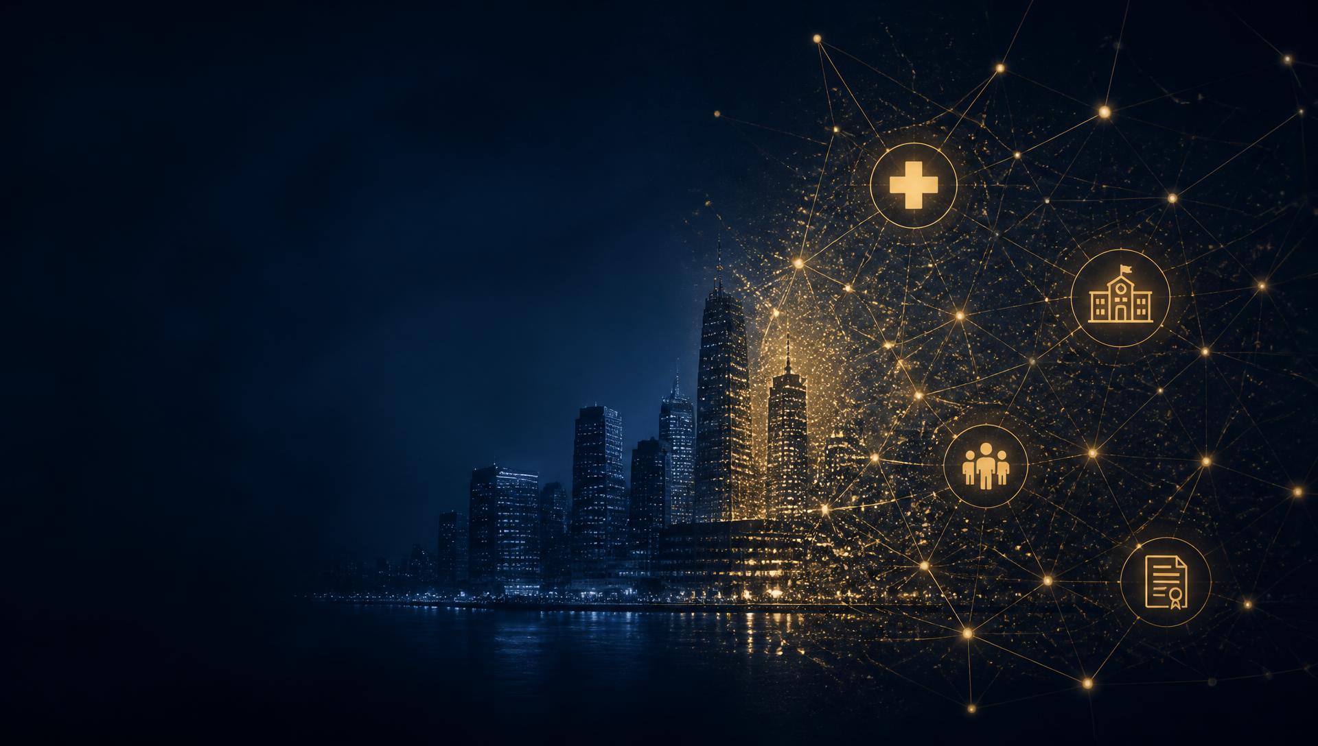 City skyline dissolving into a gold network of community, health, education, and policy data points